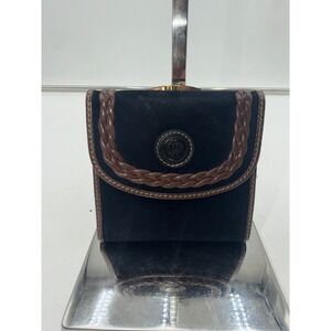 Lladro Vintage Trifold Wallet Black Suede Brown Leather Braided Made in Spain